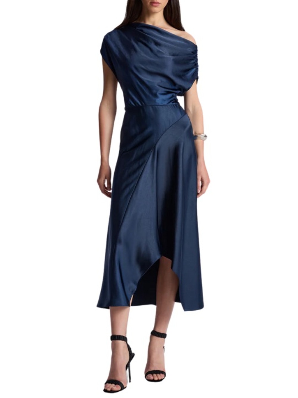 ALC One-Shoulder Navy Satin Midi Dress